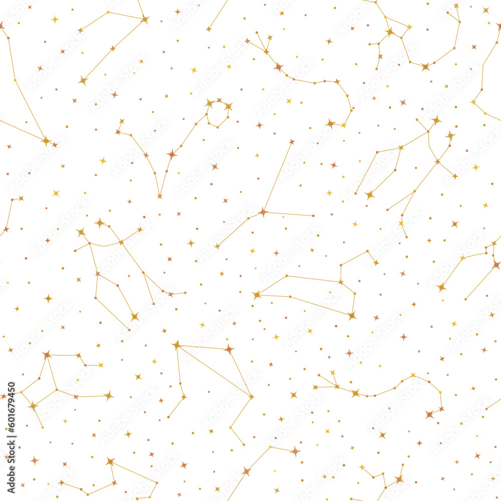 Golden zodiac constellations seamless pattern, connected sparkling stars repeating print for fabric, packaging, cover, wrapping paper. Astrology, horoscope symbols white background vector illustration