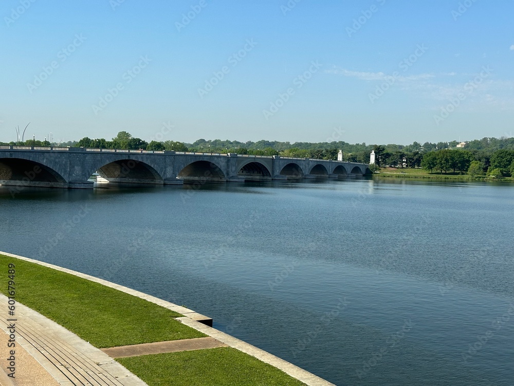 Bridge over a body of water with blue sky