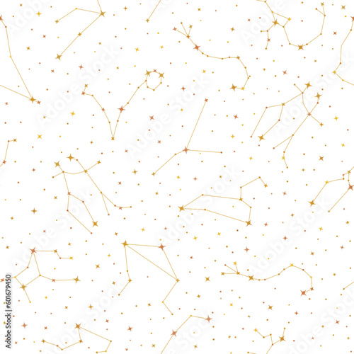 Golden zodiac constellations seamless pattern, connected sparkling stars repeating print for fabric, packaging, cover, wrapping paper. Astrology, horoscope symbols white background vector illustration
