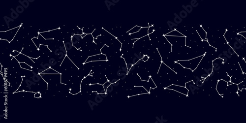 Zodiac constellations, astrology seamless pattern on dark background with copy space. Zodiac constellations of stars repeating print for fabric, packaging, cover, wrapping paper vector illustration