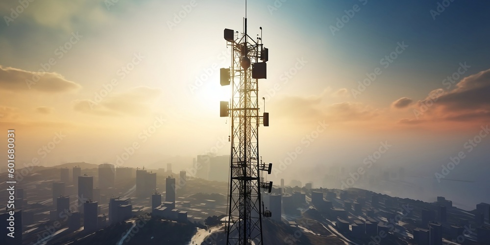 Background image shows a 5G global network technology communication antenna tower for wireless high speed internet. Future proof fastest internet technology is LTE aerial network connection.  - obrazy, fototapety, plakaty 