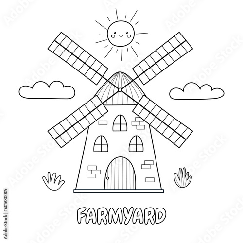 Farmyard black and white print with a mill in cartoon style. Farm background for kids. Vector illustration