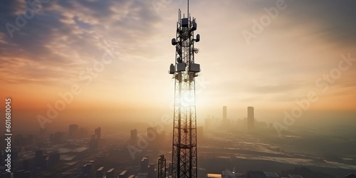 Background image shows a 5G global network technology communication antenna tower for wireless high speed internet. Future proof fastest internet technology is LTE aerial network connection.  photo