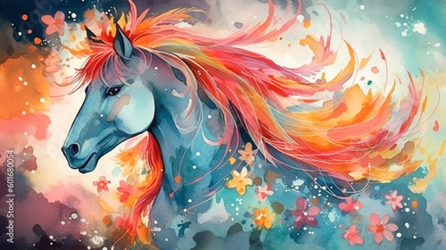 illustration of watercolor horse, abstract color background. Digital art.