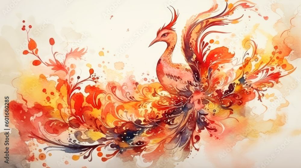 Watercolor phoenix and flower. generative ai.