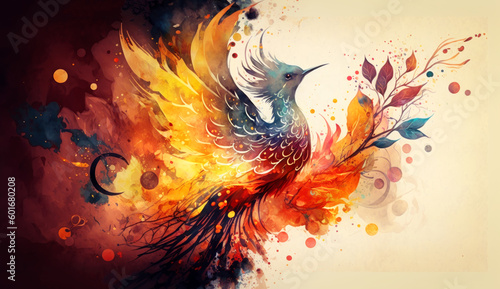 Watercolor phoenix and flower. generative ai.