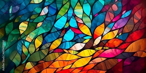 A colorful abstract painting with leaves and dots on it's surface, with a black background and a black border around the edges of the image. Finest generative AI.