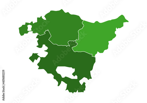 Mapa del País Vasco en verde con las tres provincias vascas, Guipúzcoa, Vizcaya y Álava