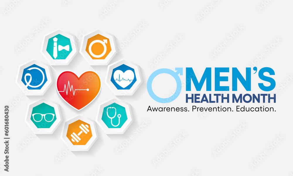 Men's health month is observed every year in June, it is used to raise awareness about health care for men and focus on encouraging boys to practice and implement healthy living decisions. Vector art. - obrazy, fototapety, plakaty 