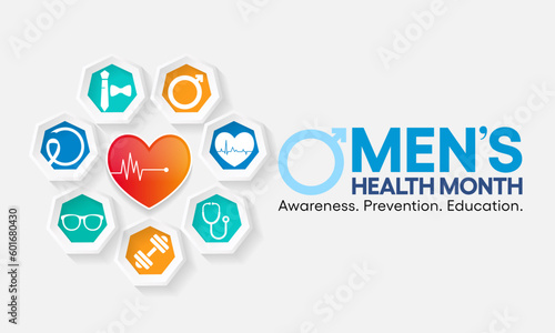 Men's health month is observed every year in June, it is used to raise awareness about health care for men and focus on encouraging boys to practice and implement healthy living decisions. Vector art.