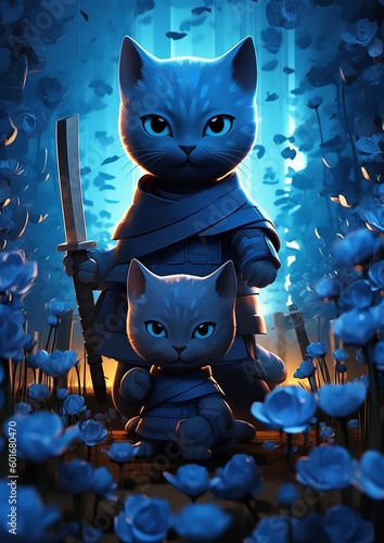 Cartoon Animated Ninja Cat Japanese Samurai Senpai Japan Themed Postcard Generative AI