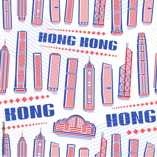 Vector Hong Kong Seamless Pattern, square repeat background with illustration of red asian city scape on white background for wrapping paper, decorative line art urban poster with blue text hong kong