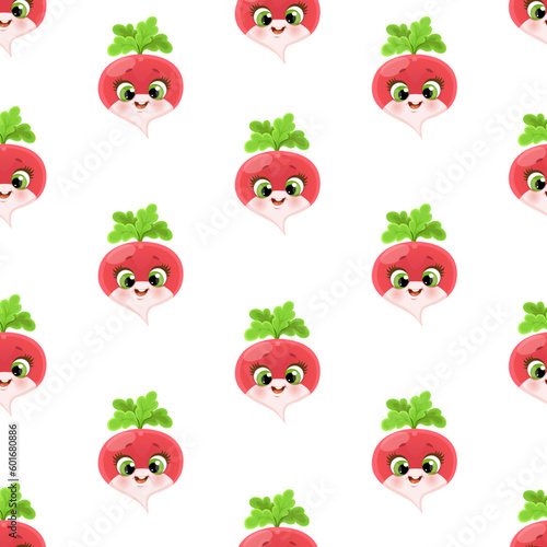 Seamless pattern from cute little cartoon emoji  radish on a white background