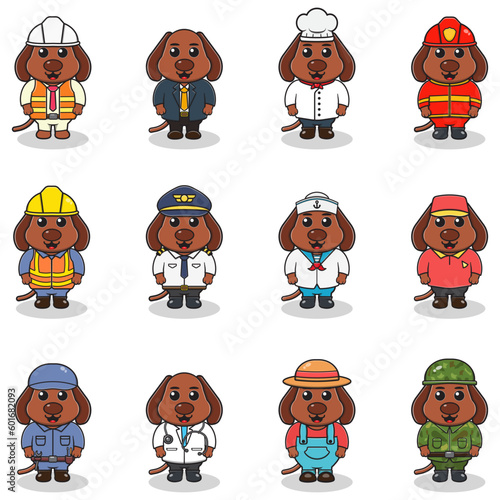 Vector set of cute Dog with different professions. Cartoon cute Dog dressed in different occupation uniform. Vector characters with jobs different occupation.