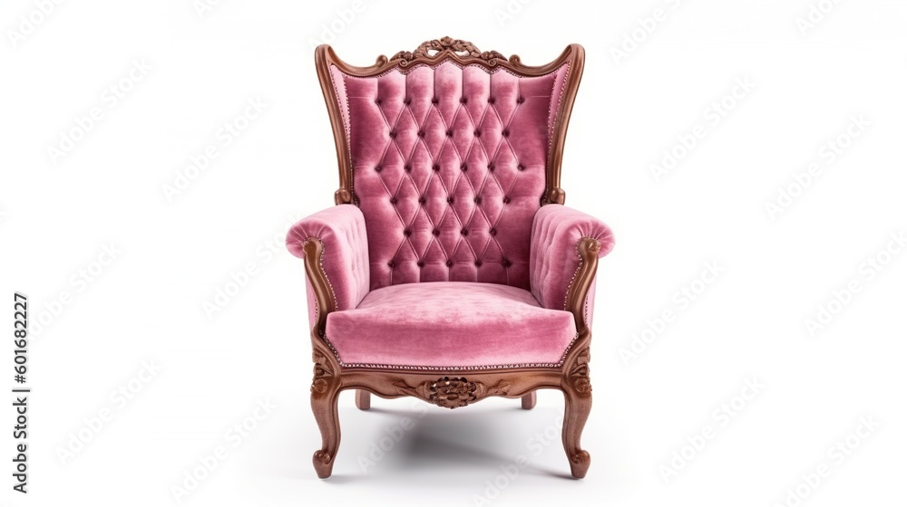 A pink Chesterfield high back wing chair with a black base on white background, throne armchair, generative ai A pink Chesterfield high back wing chair with a black base on white background, throne armchair, generative ai