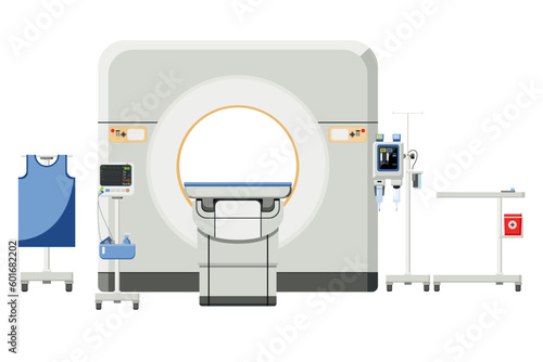 Medical equipment, CT Scan is computed tomography used to diagnose abnormalities of various organs in the body. Equipment Contrast media injectors, Lead Apron,monitor patient, equipment prep table.