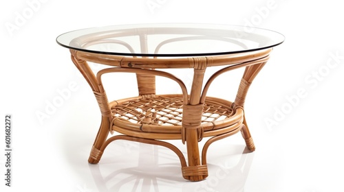 A rattan coffee table with a glass top on white background