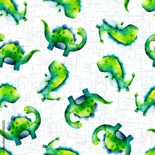 Vivid Green Cute Dinosaurs Watercolor Seamless Pattern