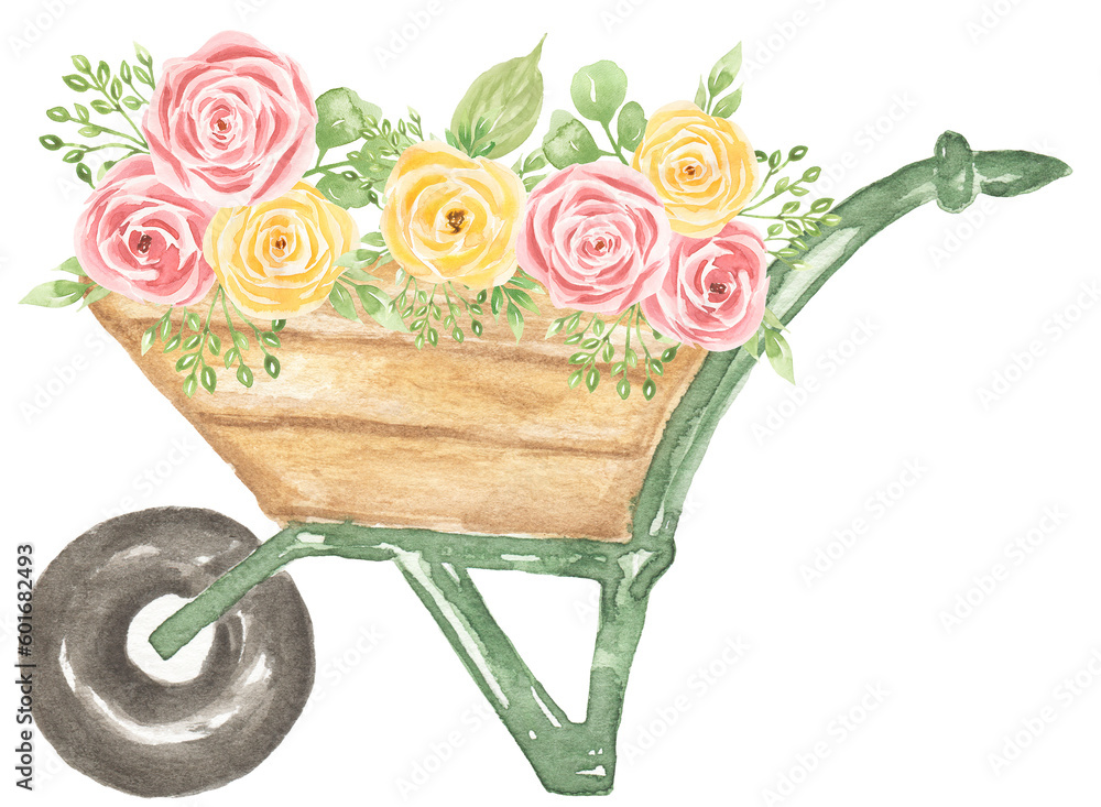 Watercolor hand drawn garden cart with flowers illustration, garden equipment clipart