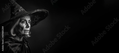 Black and white photorealistic studio portrait of a mature witch on black background. Generative AI illustration