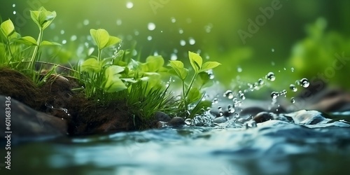 Beautiful spring detailed close up stream of fresh water with young green plants. Horizontal banner, springtime concept. Abstract outdoor wild nature background. AI generative. photo