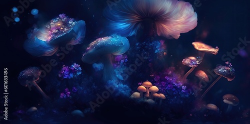Glowing mystical mushrooms on a dark background.