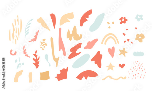 Abstract shapes set. Leaves, rainbow, stars and hearts. Graphic geometric elements, hand drawn minimal and liquid forms. Vector isolated illustration for contemporary design.