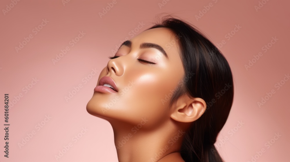 Beautiful Spa Model with Perfect Skin on Pink Background: Beauty and Skincare Concept. Generative AI. Beautiful Spa Model with Perfect Skin on Pink Background: Beauty and Skincare Concept. Generative AI.