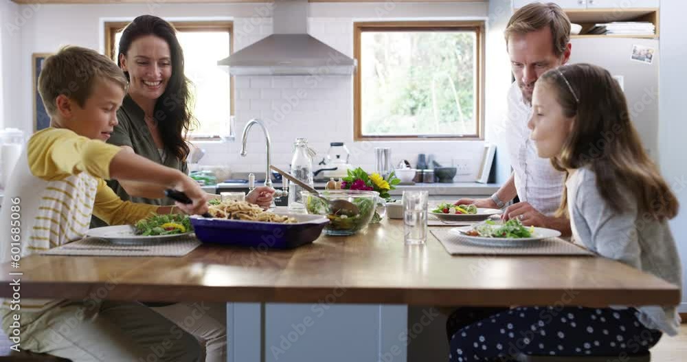Family eating lunch, food and nutrition, relax in kitchen with happy people spending quality time together. Parents, children and bonding over healthy meal with happiness, love and care at home