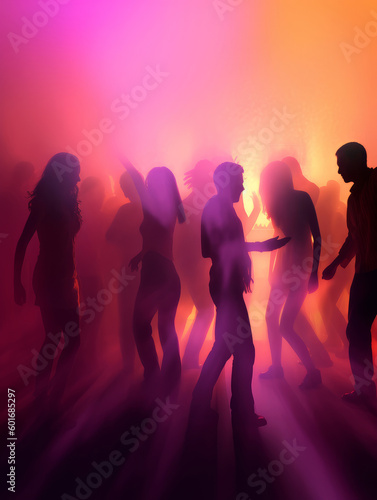 Silhouettes of people dancing under colorful lights in a nightclub. The image captures the joy of live music, the energy of the crowd, and the vibrant atmosphere of nightlife. Generative AI.