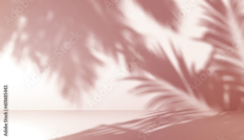 blurred shadow of palm leaves on a wall with red ligth. Abstract minimal background for a product presentation. Summer and spring seasons © 39