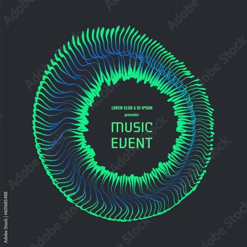 Music event invitation template. Portal hole made from many curved strips. Abstract energy formation. Design for banner, flyer, poster, cover or brochure. 3d vector illustration in technology style.