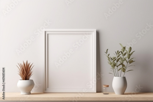 Generative Ai. a white frame on a shelf with plants and vases