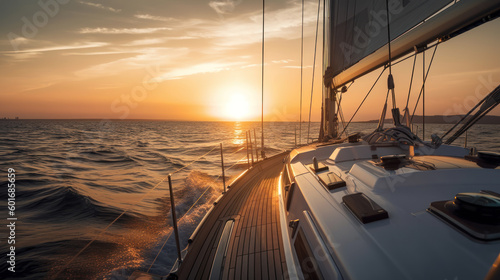 View from a sailing yacht at dawn. Photorealistic illustration generative AI. © July P