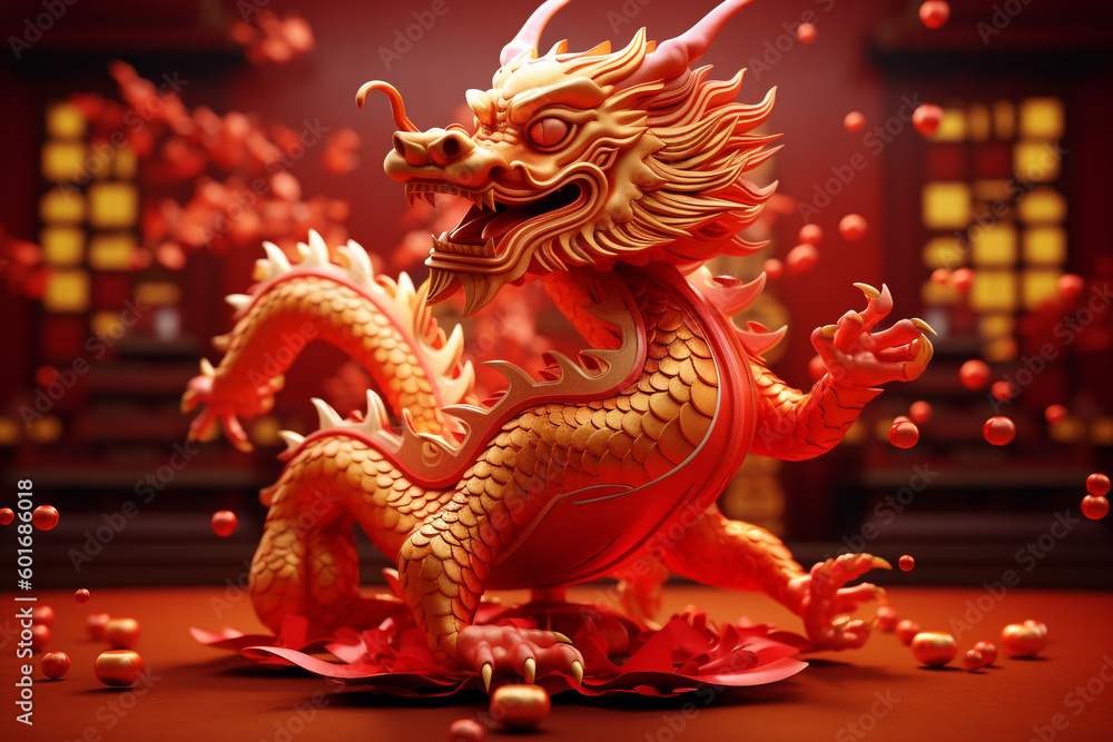 Fototapeta premium red dragon statue sitting on top of a table . Generative Ai