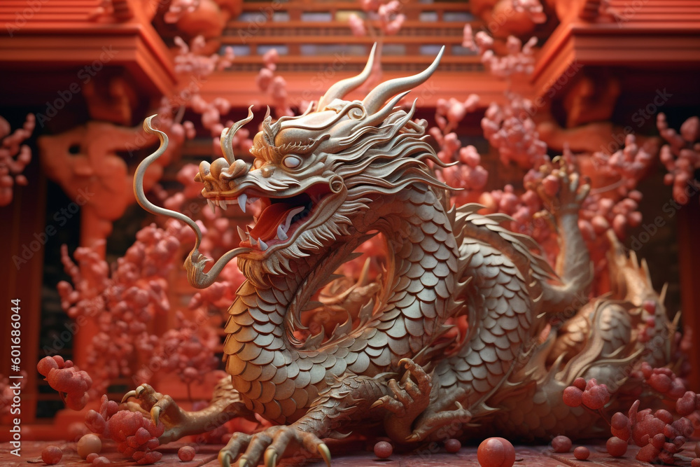 Obraz premium golden dragon statue in front of a red building. Generative Ai