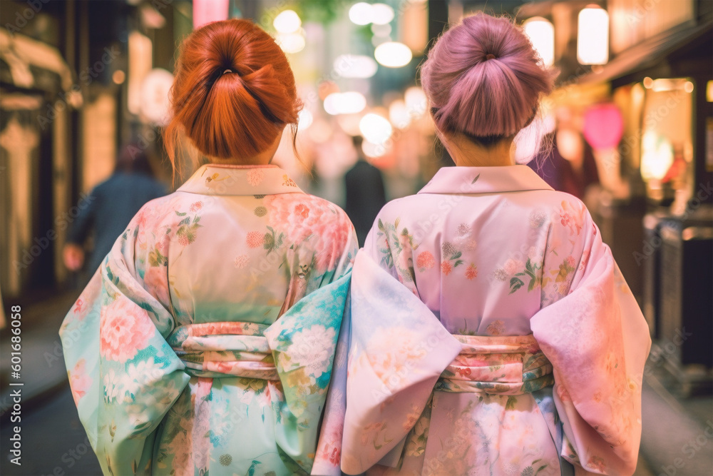 Back view of young woman in Japanese Harajuku street fashion style with pastel colored hair and cute yukata style clothes. 