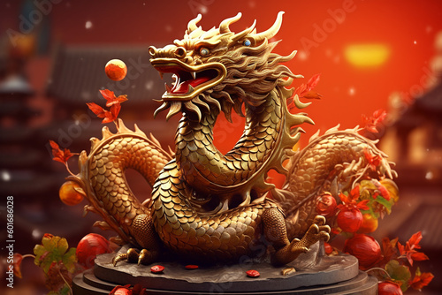 chinese dragon statue with red lanterns and autumn leaves. Generative Ai © PETR BABKIN