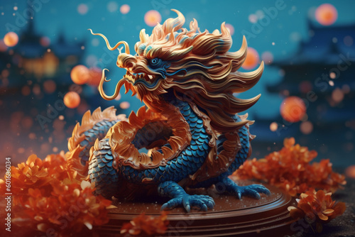 blue and orange dragon sitting on top of a table . Generative Ai