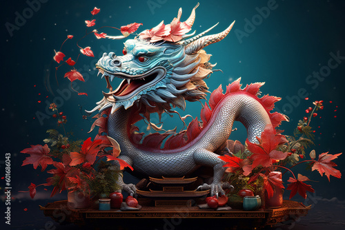 chinese dragon with flowers and leaves on a table. Generative Ai © PETR BABKIN