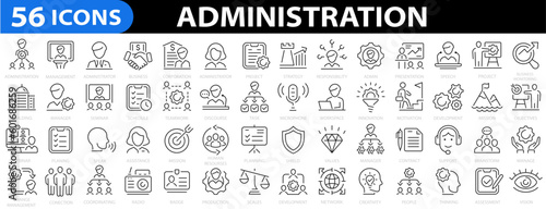 Administration 56 icon set. Management icons. Business or organization icon collection. Teamwork, strategy, marketing, business, planning, training, admin, presentation and more. Vector illustration