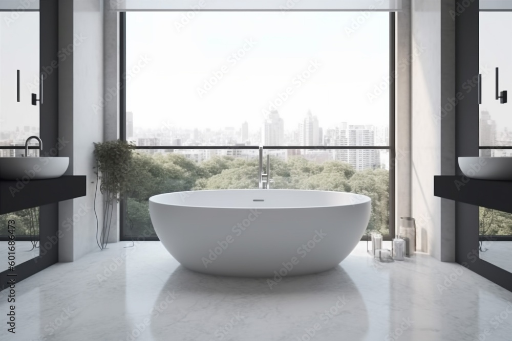 design white apartment interior house home indoor tub room marble window. Generative AI. design white apartment interior house home indoor tub room marble window. Generative AI.