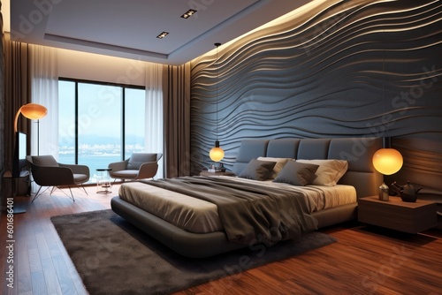 Upscale hotel bedroom oasis with stylish hardwood floors, elegant LED lighting, and a touch of luxury. © aboutmomentsimages