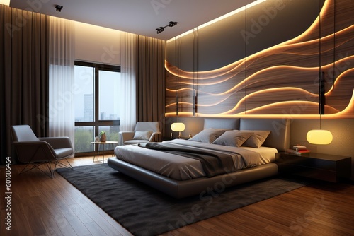 Elegant hotel bedroom with luxurious amenities, warm hardwood floors, and modern LED lighting