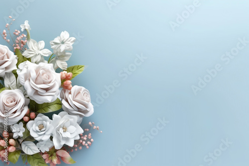 a bouquet of white roses on a light blue background in the space for a wake-up view from above. Generative Ai. 