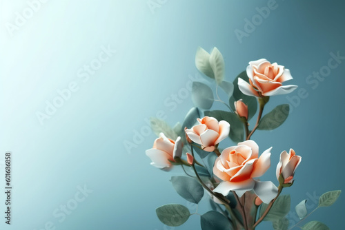 branch with roses on a light blue background with space to insert. Generative Ai. 