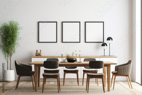 dining room with a table, three empty frames for poster mockups hang on the wall. Generative Ai.  © PETR BABKIN