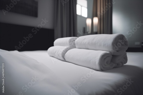 white room home service luxury fresh resort hotel bed towel. Generative AI. © VICHIZH