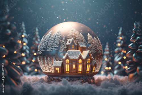 Christmas card. magical Christmas ball in the winter forest on snow. Generative Ai. 
