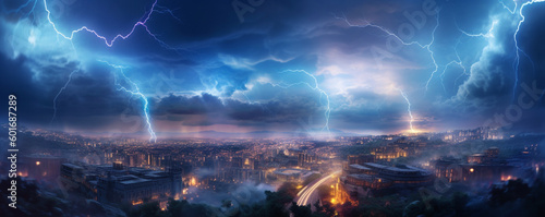 lightning over the night city. Generative Ai. 